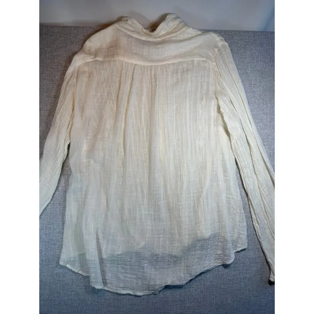 Free People XL Ivory Gauze Blouse Crochet Lace Pintuck Boho Button Up